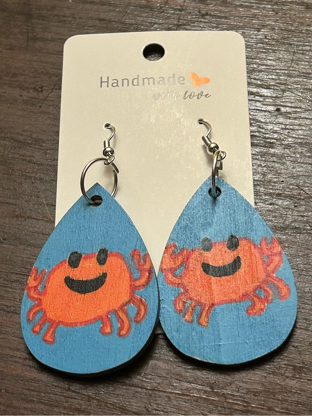 NWT Handmade Jewelry Blue Teardrop Earrings Hand Painted Crab
